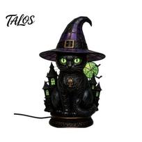 Decorative Bedside Lamp Stained Glass Witch Hat Lamp, Halloween Black Cat Ghost Raven Night Atmosphere Light for Movies Light, Gothic Retro F black