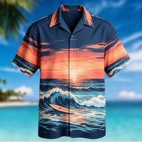 Summer essential! Short-sleeve beach shirt with ocean sunset print, casual and stylish. S brown