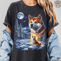 Vintage Akita Inu Howling to the Moon. Funny Dog Lover Owner Gift. Cosmic Snowy Forest Night. 90s Washed Comfort Colors® Graphic T-Shirt 3XL gray
