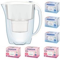 Vandens filtravimo ąsotis Aquaphor Amethyst 2,8 l, baltas, su 6 kasetėmis (3 standartinės + 3 su magniu)