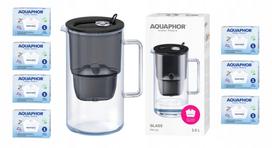 Stiklinis vandens filtravimo ąsotis Aquaphor Glass BLACK su 7 Maxfor+ filtrais