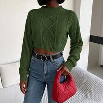 Women's Cable Knit Pullover Sweater Color Long Sleeve Cropped Top for Fall and Winter M oranžinė