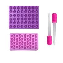 Guminukų formelės silikoninės mini šokoladinių saldainių formelės vaikams su 2 pipetėmis, įskaitant dinozauro, meškiuko, širdelių, spurgos formos purple