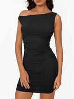 Women's off-the-shoulder neckline waist pleated sleeveless hip-wrapped dress S juoda