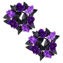 Helovino žvakių žiedų vainikas Dirbtinės violetinės rožės juodi lapai Žvakidės vainikas Helovino stalo puošmenoms 2pcs black