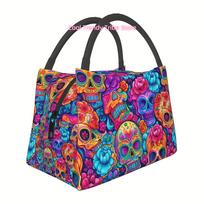 1pc Colorful Skull for Day of The Dead Halloween Pattern Reusable Handbag Insulated Bag Lunch Bag, Portable Handbag for Camping One Size blue