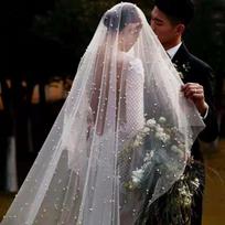New White Pearls Bridal Veil 2 Tiers Elegant Wedding Veil Drop Veil for Wedding Sweethearts gray