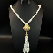 Elegant European & American Light Luxury Tassel Pearl Sweater Chain with 3D Hollow Zircon Pendant gray