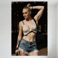 Sexy Blonde High Bun Woman Outdoor Pose Tin Sign Vintage Metal Poster for Bar Pub Home Cafe Wall Decor Beige Crop Top Blue Short 20x30cm（7.8x11.8inch） beige