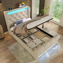 Modern Upholstered Single Bed 90x200cm with LED Lights, Storage Headboard with USB and Type-C Ports, Hydraulic Bed, Beige, Velvet (Without Mattress) 220 x 96 x 110 cm smėlis