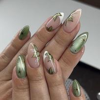 24Pcs French Green Cat Eye Almond Press On Nails Full Cover Fake Nail Tips With Fashion Leaf Design Wearable False Nails Set gray