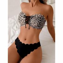 Naujas leopardinis seksualus moteriškas bikini komplektas maudymosi kostiumas su push-up liemenėle dviejų dalių maudymosi drabužiai aukštu juosmeniu paplūdimio drabužiai be petnešėlių bikinio XL black
