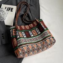 Ethnic Style Geometric Canvas Handbag - Fashionable Large Capacity Women's Shoulder Bag for Travel & Commuting gray