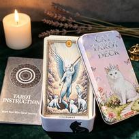 Cat Tarot Deck 11*6.2cm 78 Cards with Guidebook, Cute White Cat Theme Tarot Cards Fortune Telling Cards in Portable Tin Box įvairiaspalvis