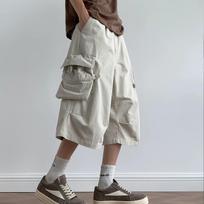 Vintage seven-point thin casual pants summer American straight multi-pocket wide-leg cotton tooling shorts men's loose no M gray