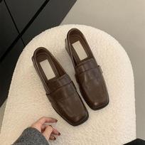 New loafers square head lazy one pedal thick high heel small leather shoes versatile French Mary Jane single shoes women's middle heel 35