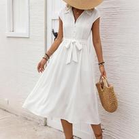New solid-colour, elegant commuter-style tie-front shirt dress with piped lapel S