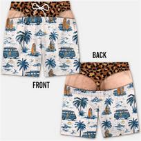 Men Funny Fake Butt Swim Trunks, Vintage Surf Van Palm Tree 3D Illusion Leopard Waist Quick‑Dry Beach Board Shorts XXS