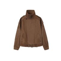 European American Style Cropped Faux Suede Biker Jacket Casual Short Outerwear ZA Wholesale S