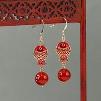 Vintage Chinese style red koi fish earrings niche design femininity ethnic style jade earrings earrings tide brown