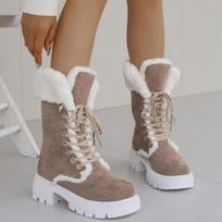 Platform Suede Women Mid Calf Snow Boots Fur Lace Up Mid Heels Cotton Shoes 2025 Trend Warm Short Plush Winter Botas De Mujer 41 juoda