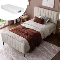 Lit simple 90x200 cm - MUVOE - Cadre avec sommier à lattes - Tête de lit réglable - Gris-beige - Matelas inclus pilka