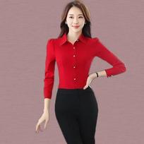 Women's Korean Style Long Sleeve Formal Slimming Red and Black Shirt XL
