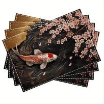 Koi Fish Sakura Placemats Linen Japanese Style Dining Mats Oriental Art Kitchen Decor Cherry Blossom Design Home Accessories 4PCS