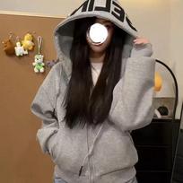 Spring and Autumn New Style Hooded Letter Printed Sweater Women's Loose Versatile Cardigan Short Jacket Top S