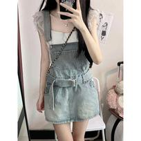 Retro Hong Kong Style A-Line Denim Overalls Skirt - Women's Summer Fashion, Niche Design, Spicy Girl Slimming Short Skirt S