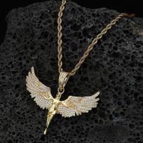 Hip Hop Style Twisted Chain Necklace With Copper Angel Wing Pendant Cubic Zirconia Inlaid Gold Or Tone Lightweight Gold Includes 3mm24in stainless steel rope chain black