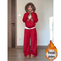 Women's Korean Style Velvet Fur Hooded Sweatshirt & Wide Leg Pants Set - Autumn/Winter Fashion Small red