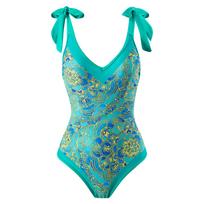 Latest One-piece Swimsuit Womens Vintage Style Printed Straps Chiffon Skirt Swimsuit Collection S blue