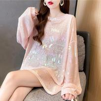 Korean Preppy Style Summer Women's O-Neck Printing Sequined Casual Loose Long Sleeve Mid-length Sunscreen Clothing T-Shirts Tops M