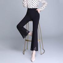 Women's Casual Lace Pants High Waisted Nine Points Flared Pants 2XL juoda