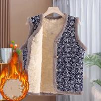 Women's Fall/Winter Floral Print Fleece-Lined Thickened Ethnic-Style Vest Warm Jacket for Mothers 4XL black