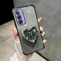 Telefono dėklas Samsung Galaxy A56 A 56 A16 A36 A26 A06 A55 A35 A25 A15 A05 blizgantis deimantinis širdelės smūgiams atsparus dėklas su laikikliu For Samsung A06 4G&Silicone&Bracket Cover juoda