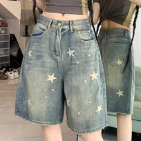 GlowGirl GlowGirl American Style Vintage Women's Short Jeans High Waisted Washed Wide Leg Denim Pants Woman Fashion Do Old Star Knee Length Shorts S