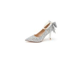 New Black Crystal Sequin Pearl Bow High Heels Wedding Shoes 40 white