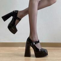 Elegant French Style Mary Jane High Heels Women's White Waterproof Platform Thick Sole Round Toe Single Shoe 35 gray