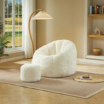 Soft Flower-Shaped Bean Bag Chair for Adults with Footstool, Vacuum-Packed Without Assembly, Ideal for Living Room, Bedroom & Balcony, Cream White 105 x 105 x 70 cm