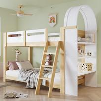 Bunk Bed, with Three-Tier Shelf, Safety Bed Rail, Three-Step Ladder, Sturdy Slatted Frames, Pine + MDF + Plywood, White+Natural, 90x200cm 227.5 x 131 x 169.5 cm