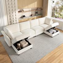 Modulinė U-/L formos kampinė sofa, konfigūruojama 6 vietų su daiktadėže-pufiku, „Debesies“ dizainas, veliūro audinys, svetainei, butui ir miegamajam, smėlio spalvos 289 x 137 x 84 cm smėlis