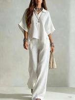 1116 New European and American style linen wide-leg pants set women's summer loose shirt two-piece set fashion casual trendy S