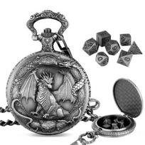 Yousheng Metal Dice Set with Dragon Pocket Watch Case 7 Dices Portable Vintage Multi-side Game Dice Family Night Party Board Game Essentials B gray
