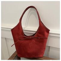 French Retro Bow Underarm Shoulder Bag, New Large Capacity Casual Bucket Bag, Frosted Texture Hand-held Women's Bags