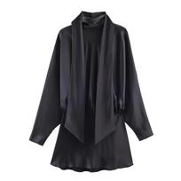 European & American Style Silk Satin Scarf-Decorated Slim-Fit Long-Sleeve Short Dress Medium