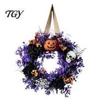 Seasonal Holiday Home Accents Halloween Wreaths for Front Door, Skull Pumpkin Wreath with Berries, Black Decorative Pendant Entrance Roses, violetinė