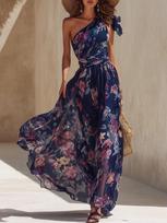 European and American style one-shoulder printed long dress vacation style waist floral dress women's summer new elegant swing dress S