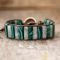 Ethnic style natural stone imperial stone handmade beaded bracelet, European and American retro genuine leather rope wrapped woven bangle jewelry Peacock gray